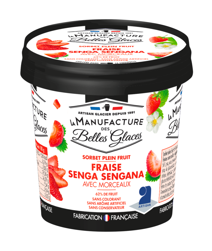 glaces pots 120ml - manufacture belles glaces - sorbet plein fruit fraise senga sengana avec morceaux de fraise | La manufacture des belles glaces